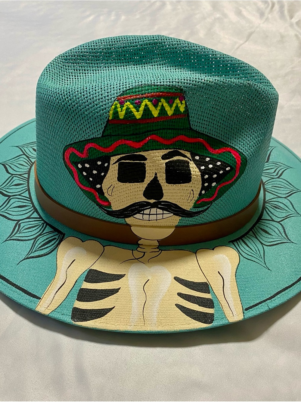 Turquoise Hand-Painted Skull Sombrero Fedora Hat